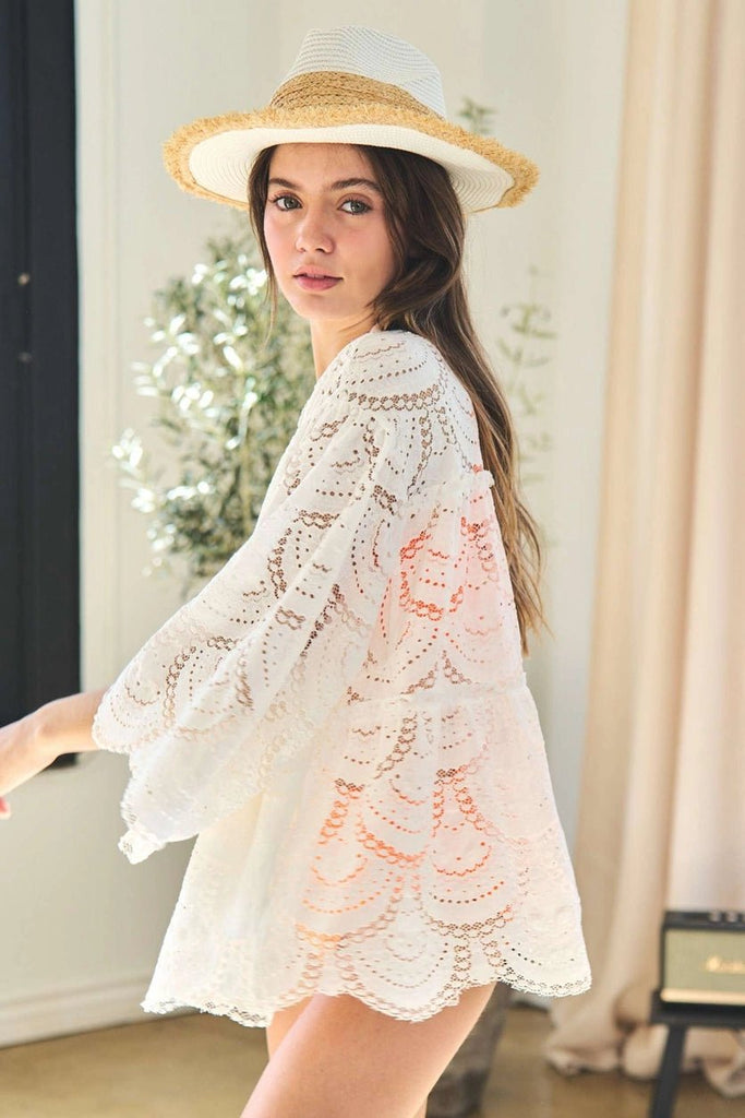 Crochet Midi Sleeve Cardigan, White DAVI & DANI - Ambiente Gifts, Decor & Design