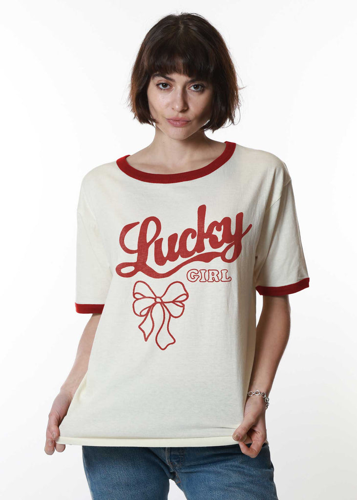 Lucky Girl - Slouchy Ringer Tee, Bone & Red Girl Dangerous - Ambiente Gifts, Decor & Design