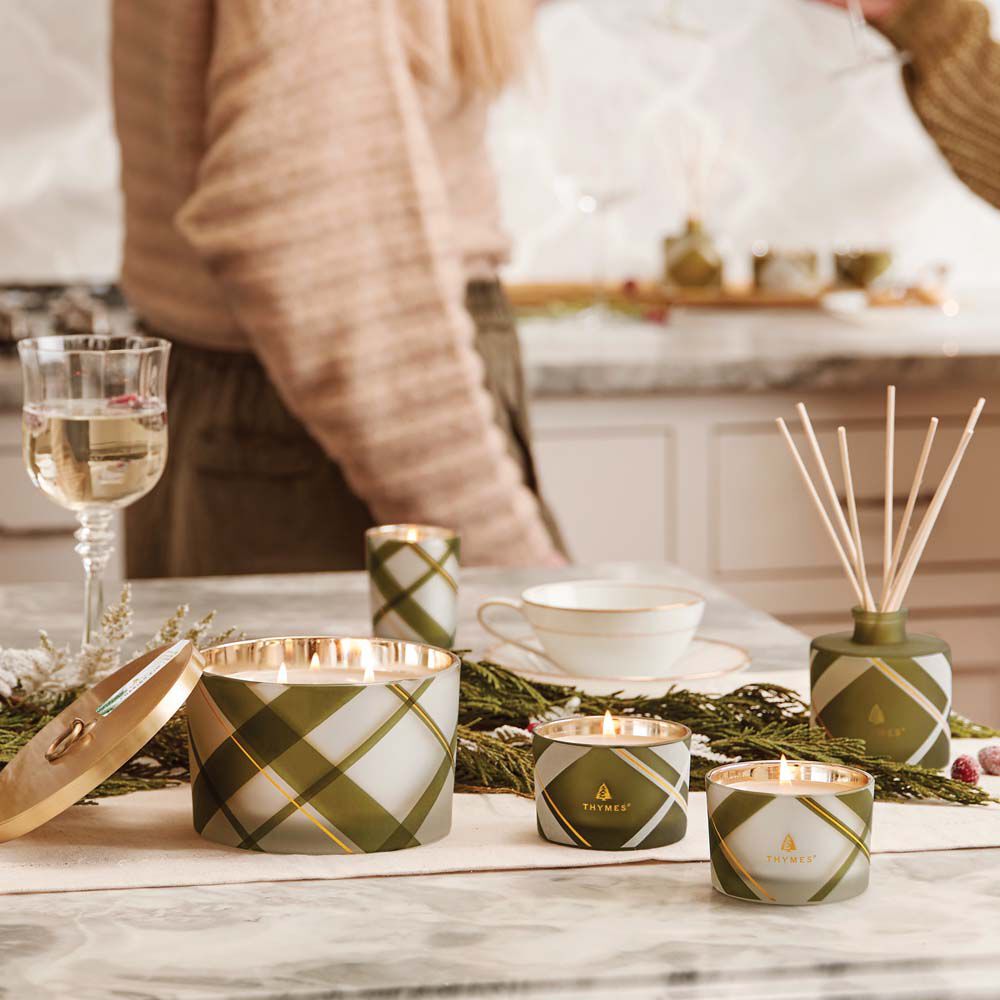 Frosted Plaid Wick Candle, Frasier Fir | Thymes Thymes - Ambiente Gifts, Decor & Design